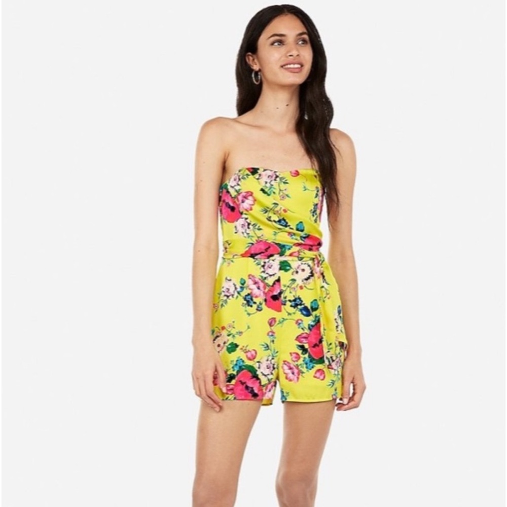 Express Strapless Bright Yellow Floral Romper